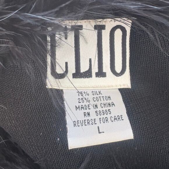 VTG Y2K Clio Cardigan Top L Silk Blend Black Feather Neckline Whimsigoth Witchy - Picture 7 of 9